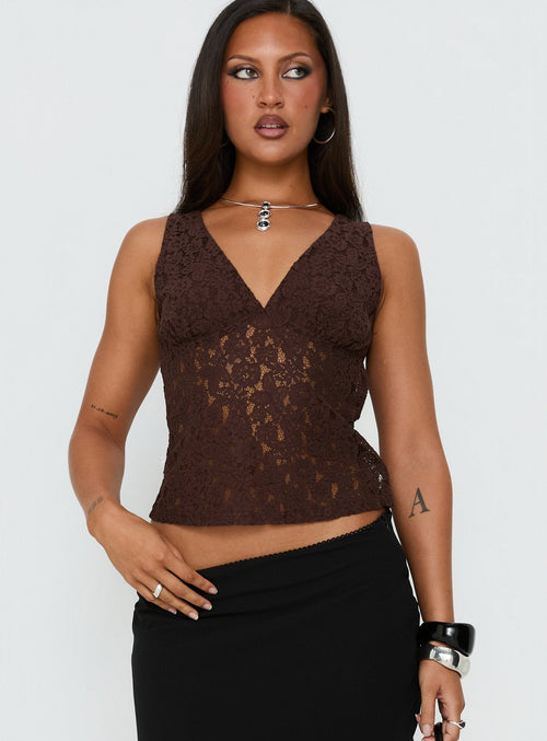 Aydinn Lace Plunge Neck Top Brown