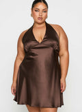 Pelagia Halter Scarf Tie Mini Dress Brown Curve