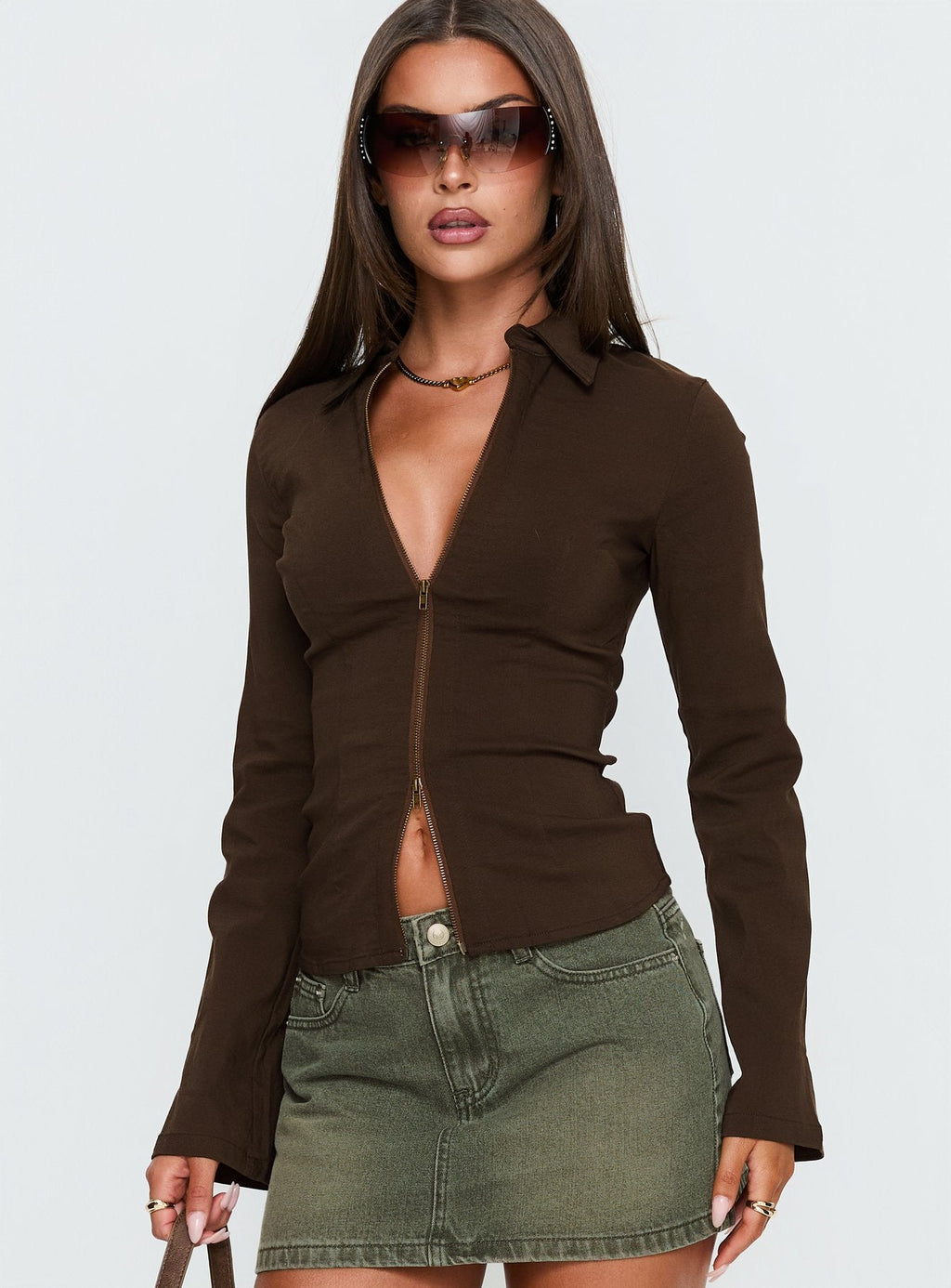 Aviela Zip Up Long Sleeve Top Brown