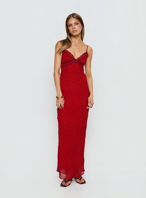 Adasia Lace V Neck Maxi Dress Red Polka Dot
