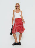 Raenah Asymmetrical Midi Skirt Red Paisley