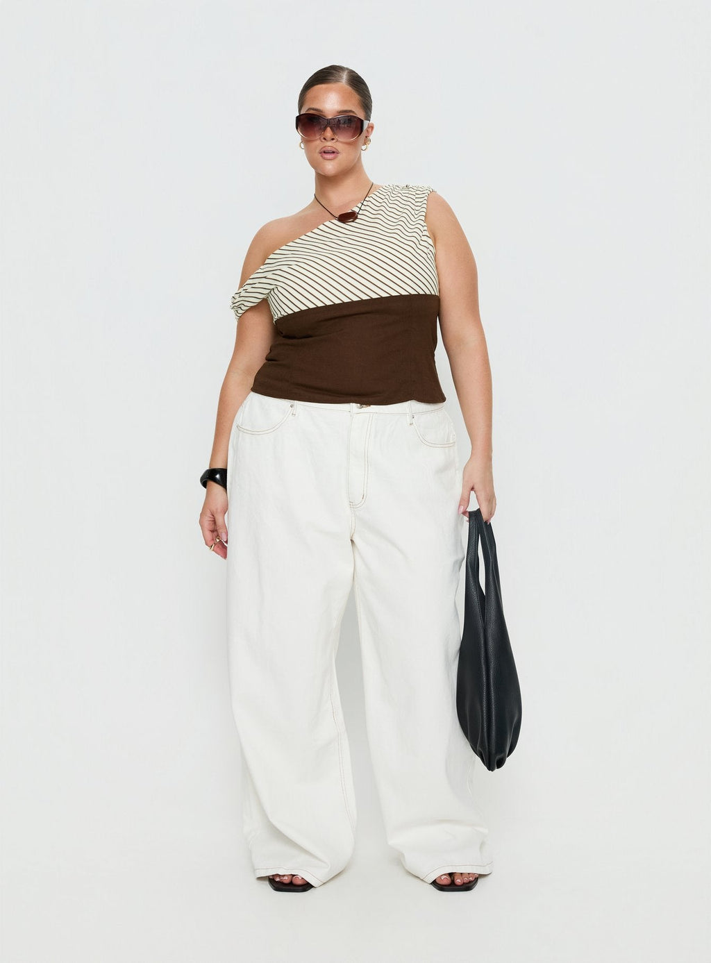 Past Life One Shoulder Top Brown / Stripe Curve