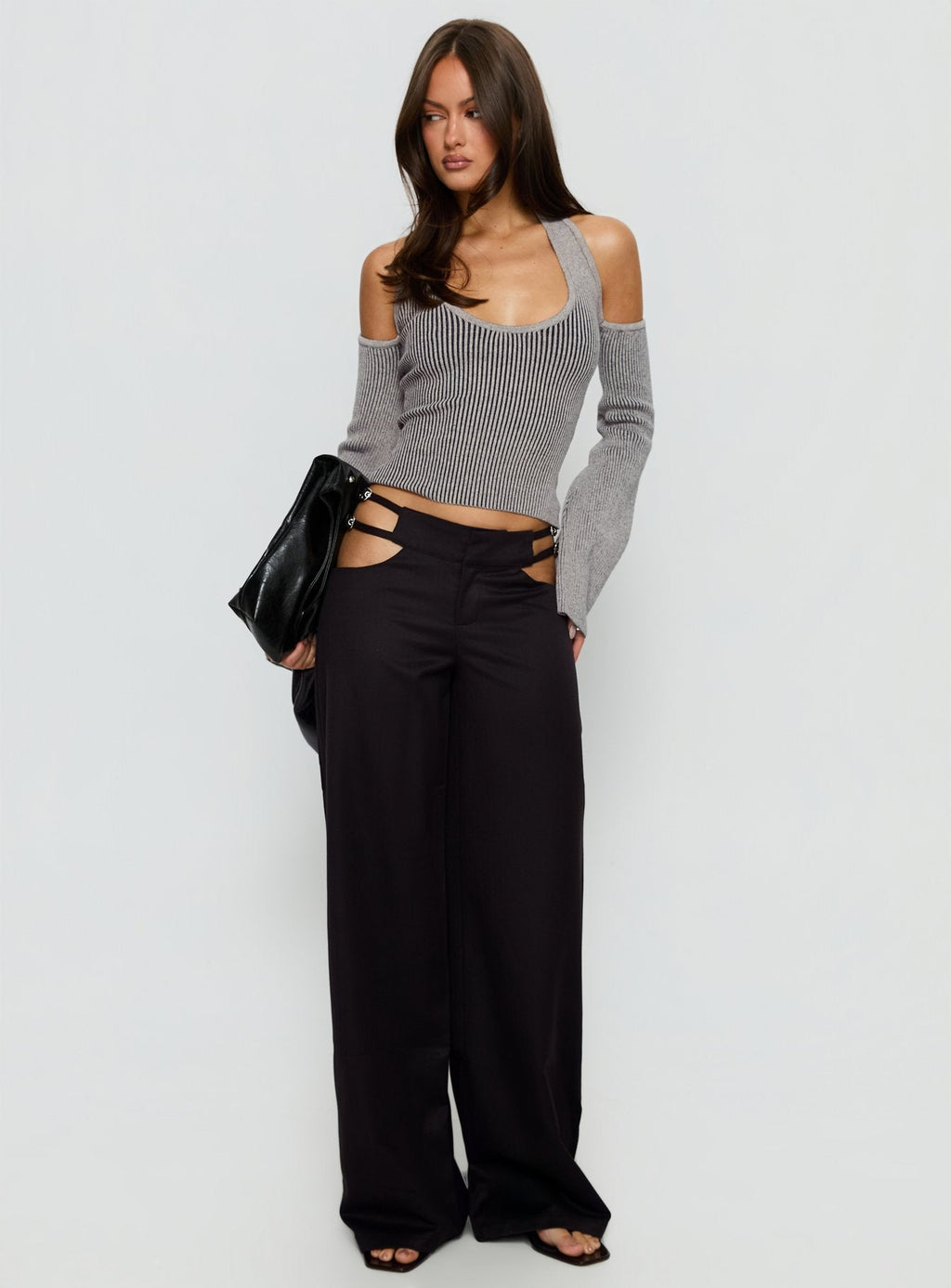 Novelia Halter Long Sleeve Top Black / Grey