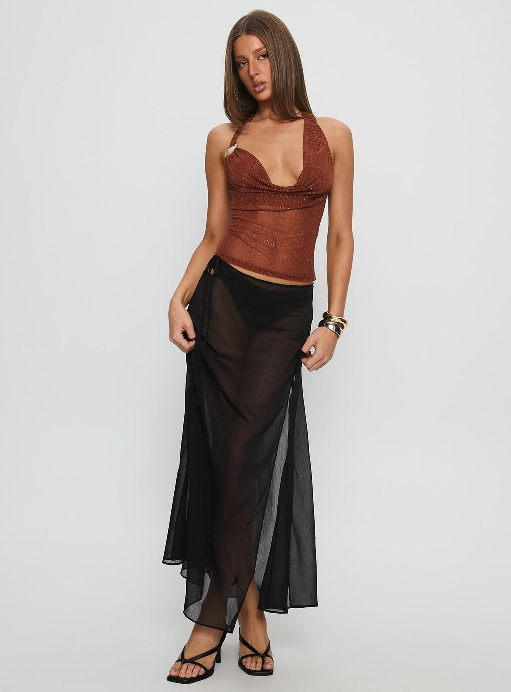 Victorina Hardware Detail Cowl Neck Top Brown