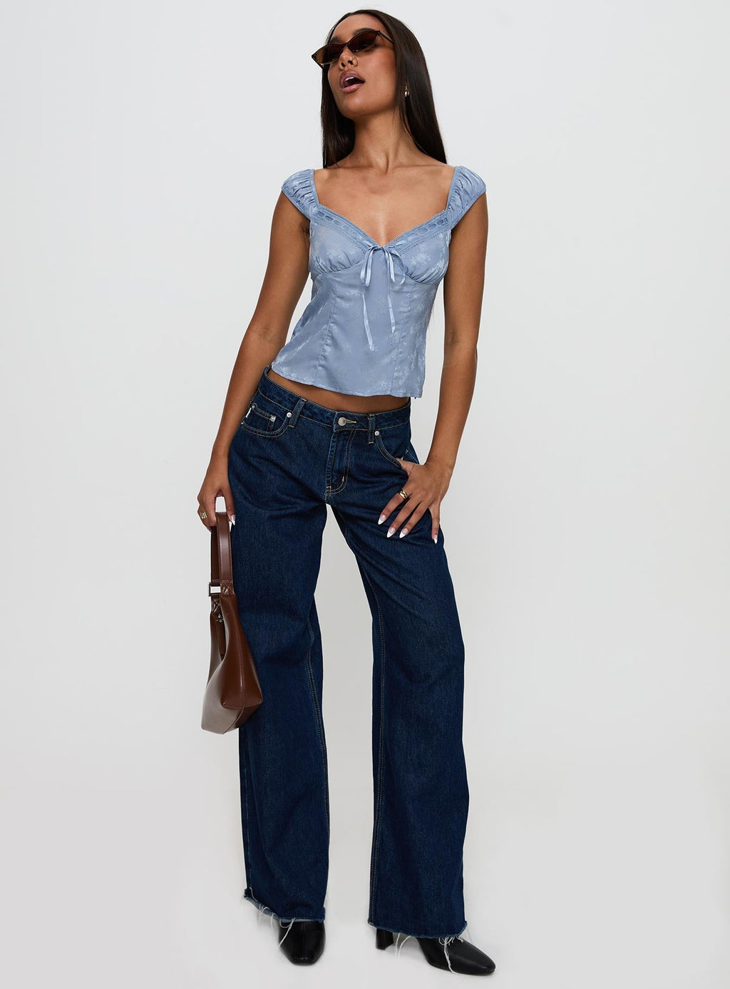 Branwen Cap Sleeve Tie Detail Top Blue Floral