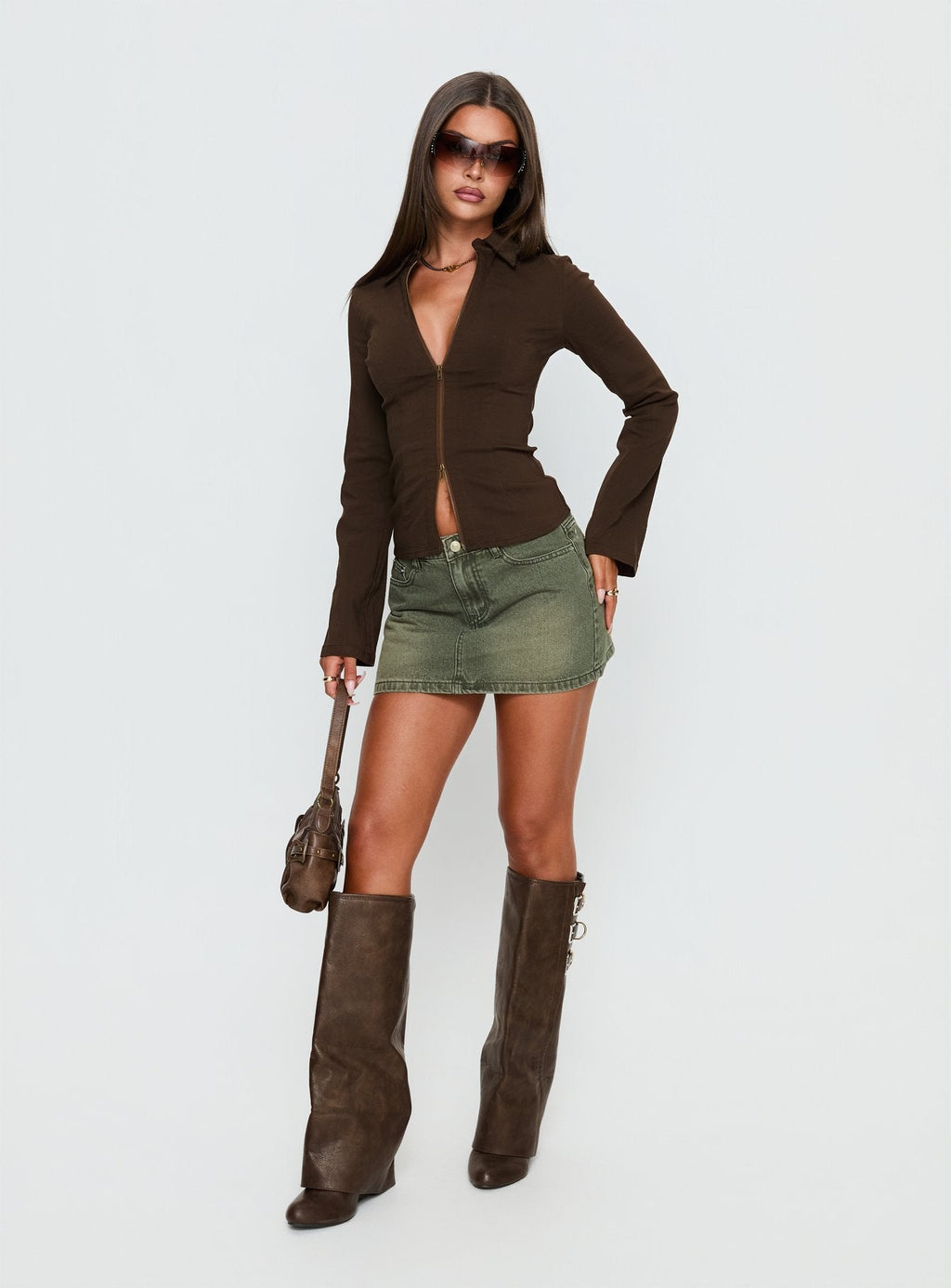 Aviela Zip Up Long Sleeve Top Brown