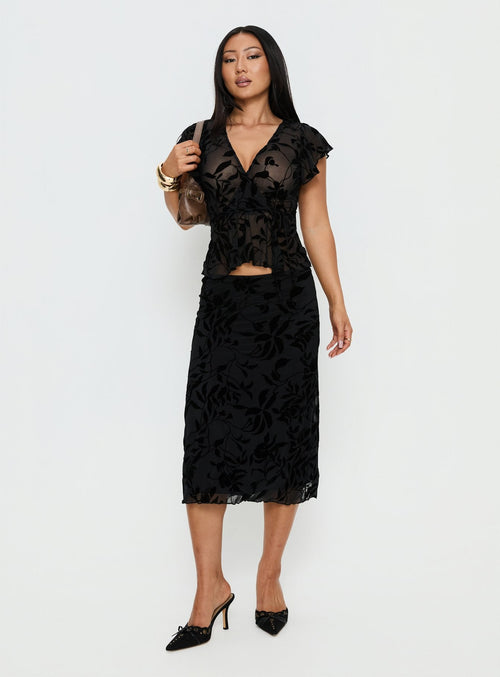 Atira Midi Skirt Leaf Flower Black