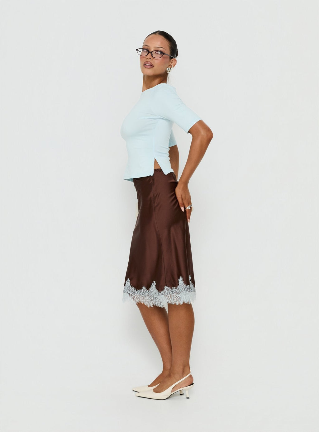 Miriza Lace Trim Midi Skirt Chocolate / Blue
