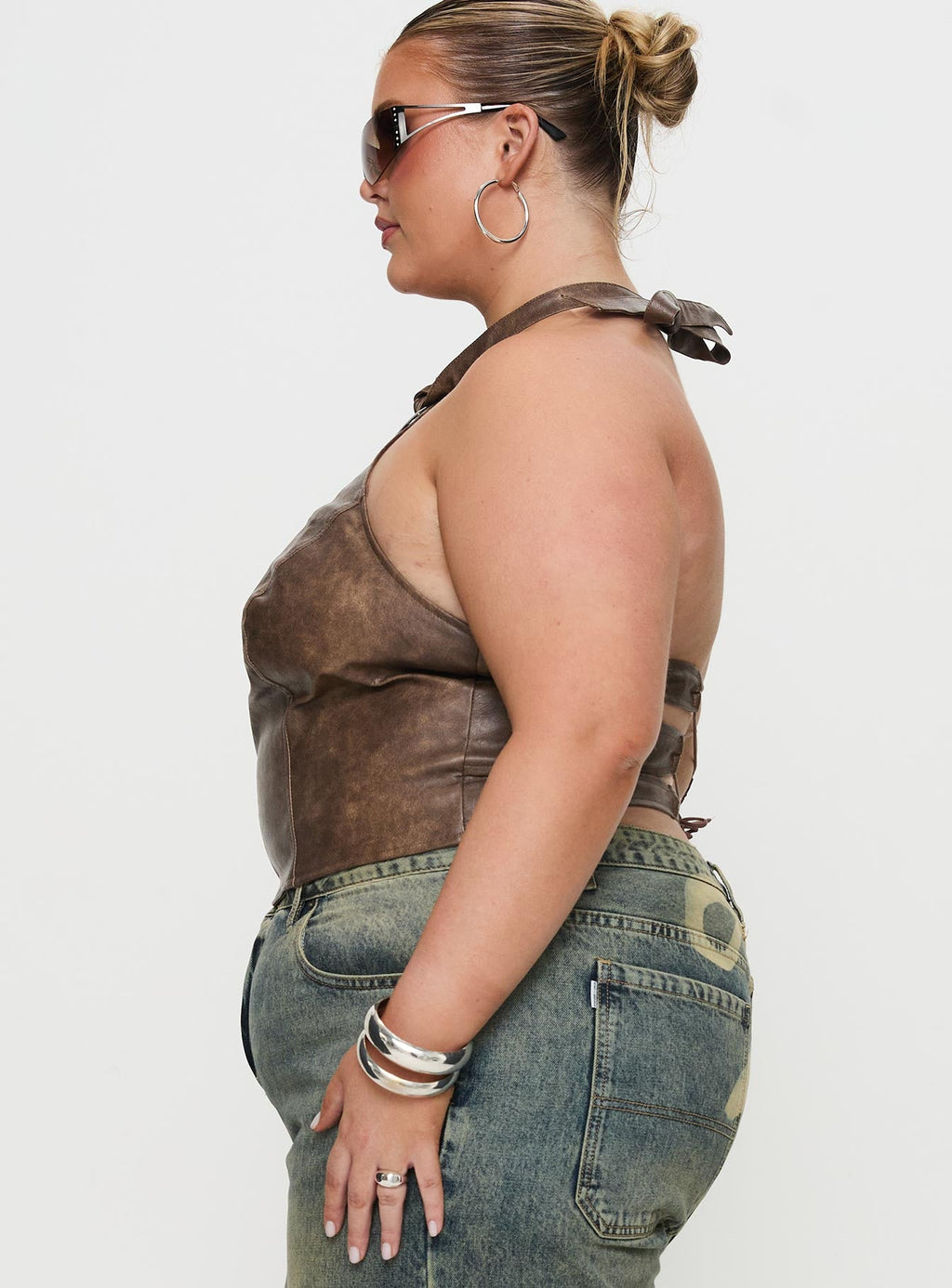 Treat You Better Ring Detail Faux Leather Top Brown Curve