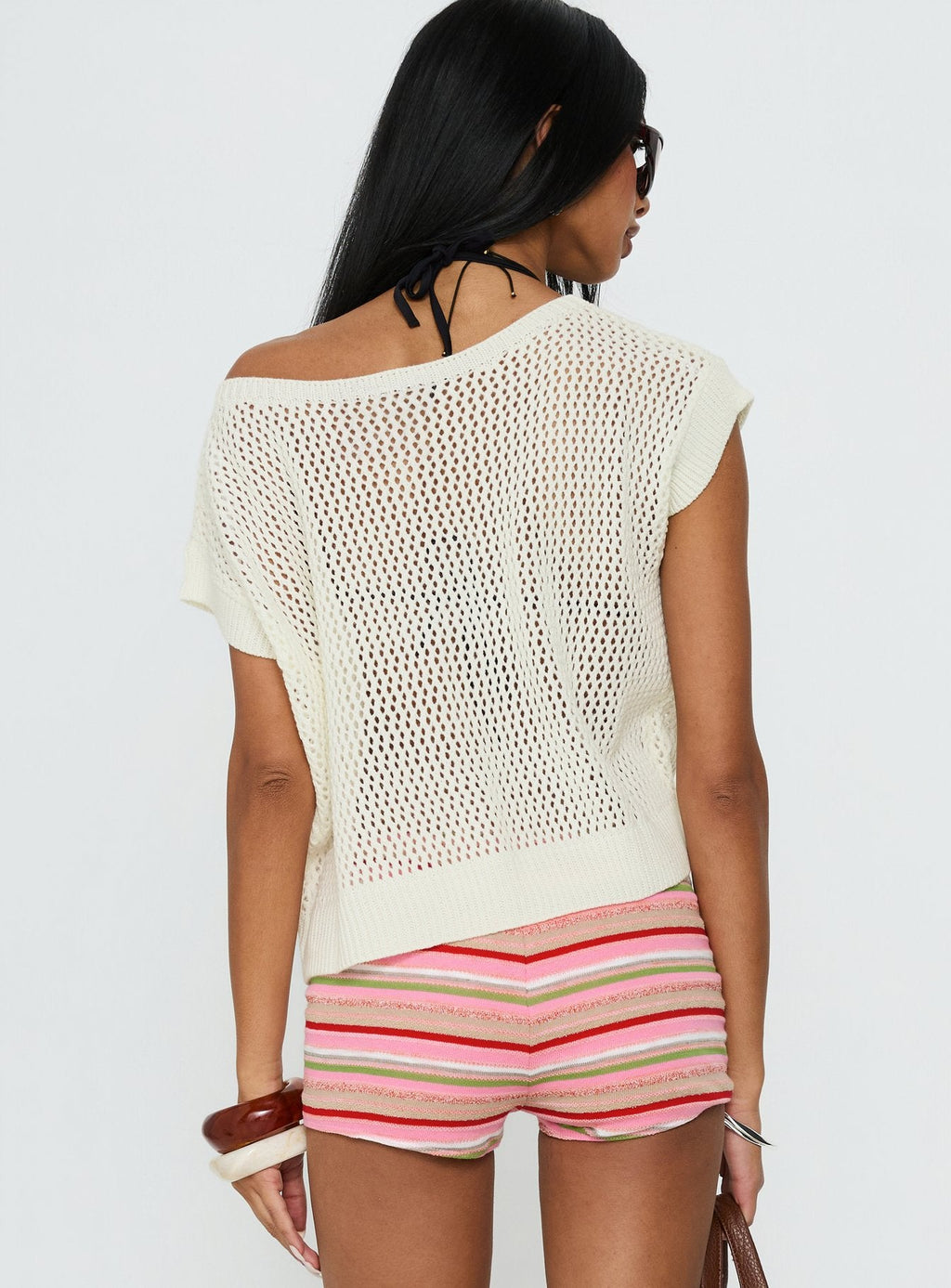 Lorenzina Sheer Crochet Off Shoulder Top Cream