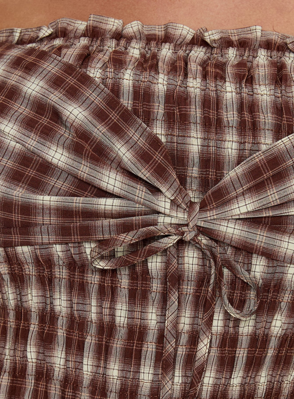 Avalynn Off Shoulder Shirred Top Brown Check Curve