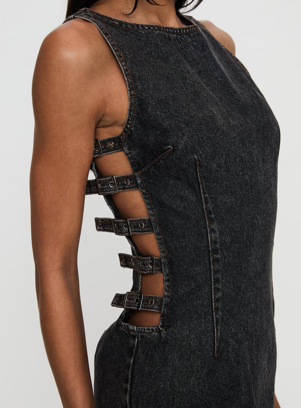 Chatter Buckle Side Denim Mini Dress Charcoal