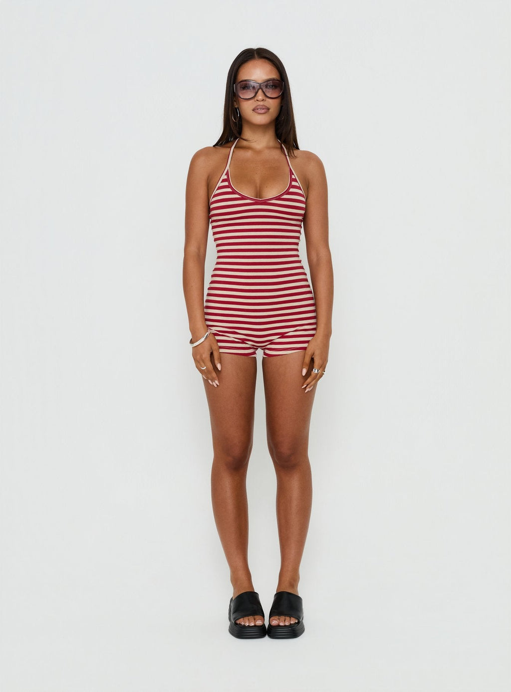 Watch Me Leave Halter Playsuit Red / White Stripe