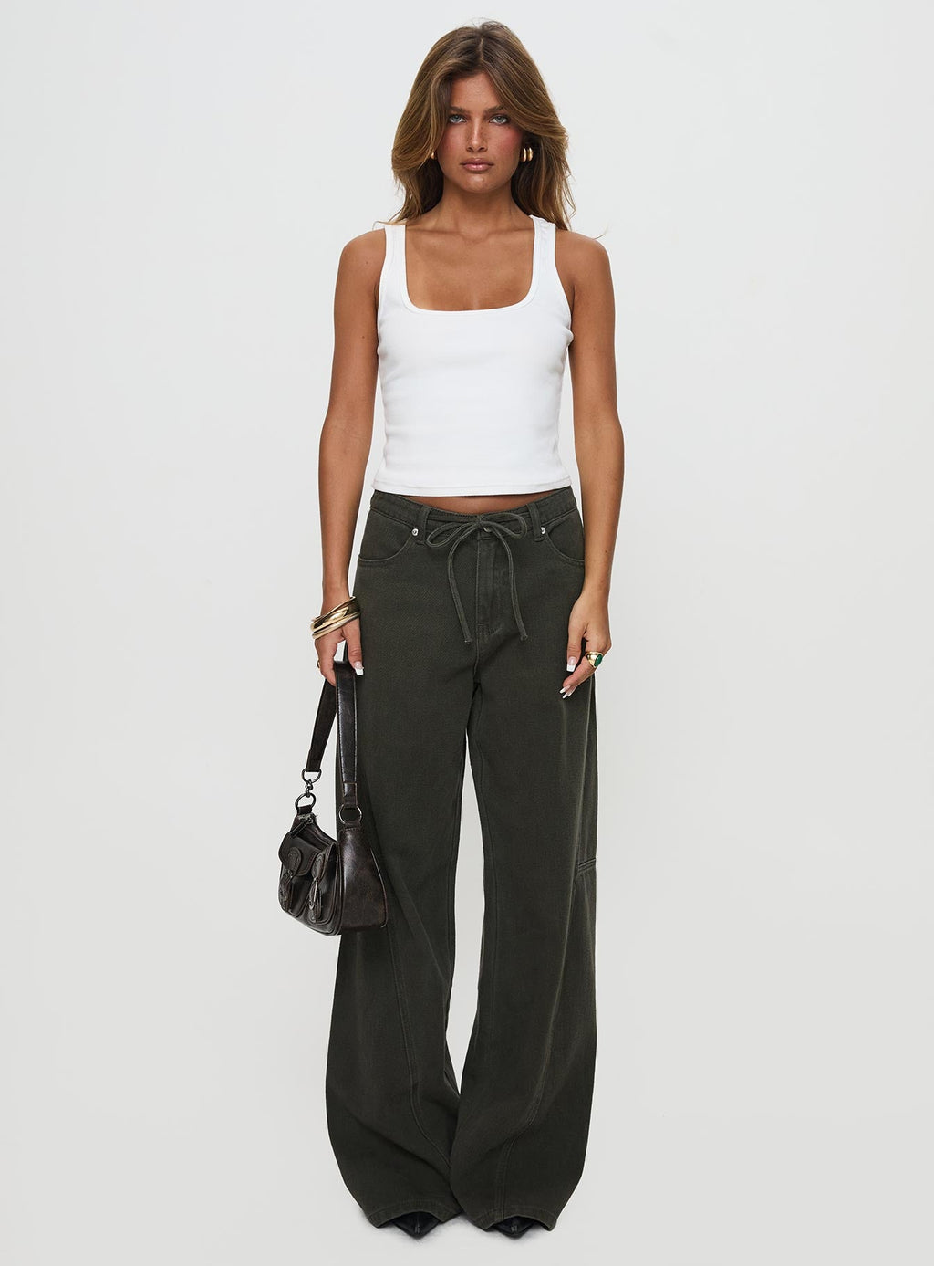 Bruiser Tie Waist Mid Rise Wide Leg Jeans Green Petite