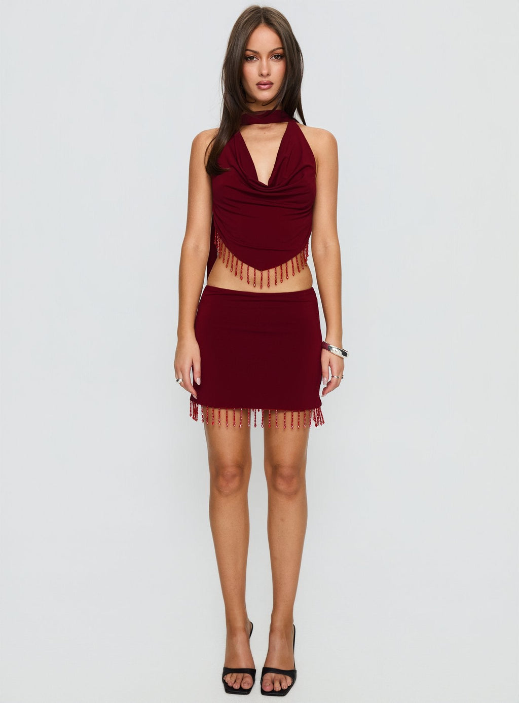 Ginah Bead Tassel Cowl Neck Top Red