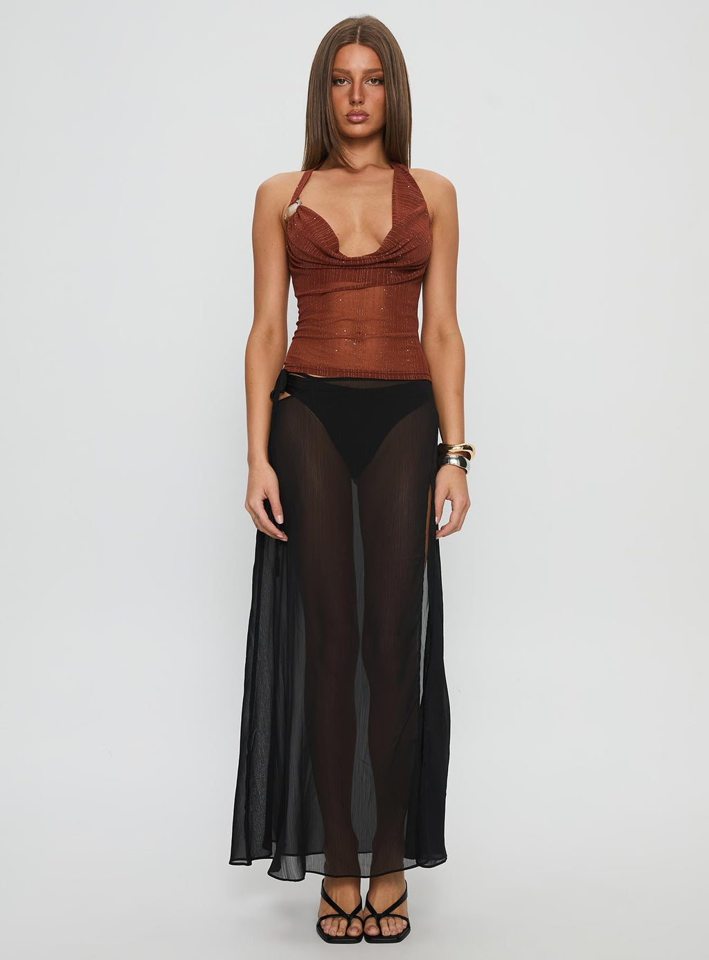 Victorina Hardware Detail Cowl Neck Top Brown