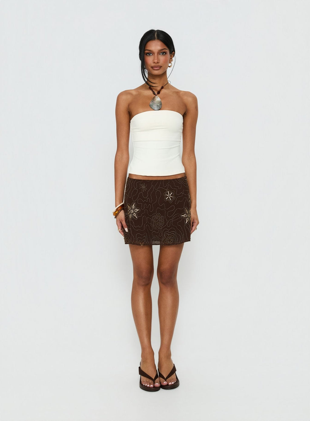 Nanci Beaded Mini Skirt Brown