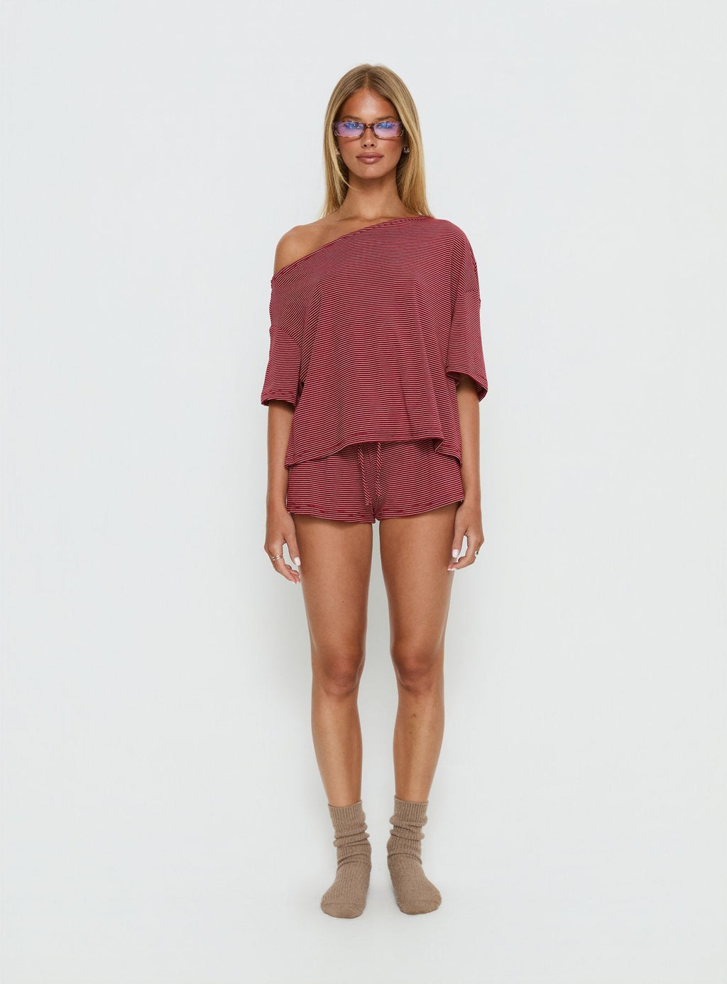 Sugar Surge Off Shoulder Sleep Top Cherry Stripe