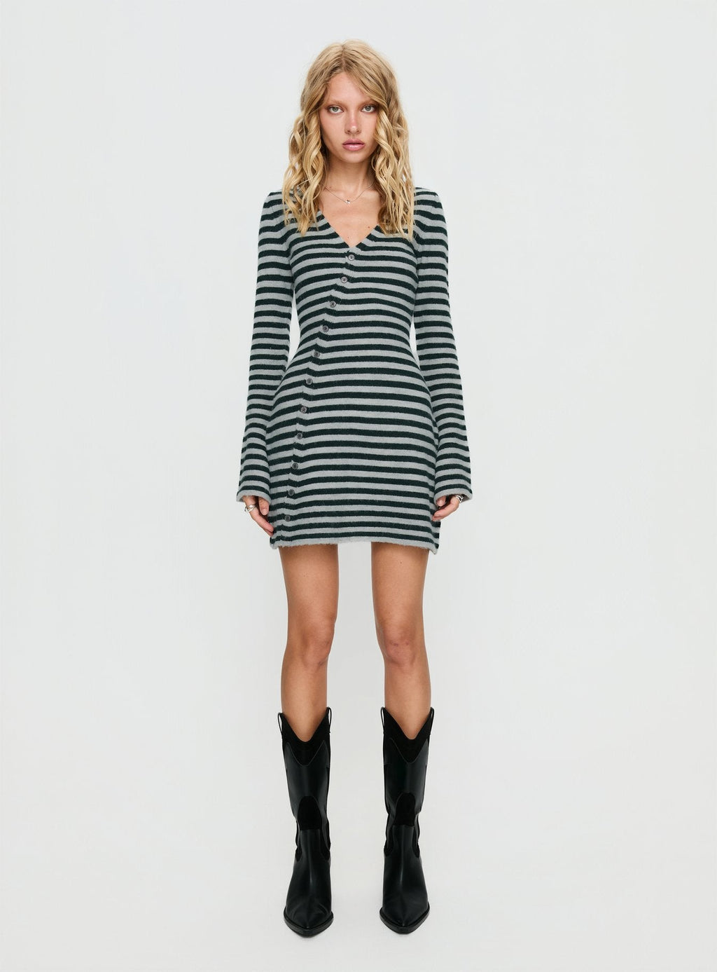 Morgen Asymmetrical Long Sleeve Mini Dress Grey / Green Stripe