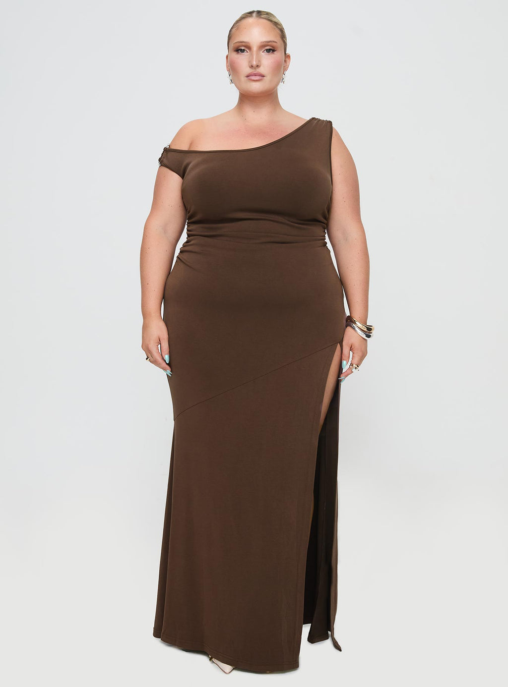 Rios One Shoulder Maxi Dress Brown Curve