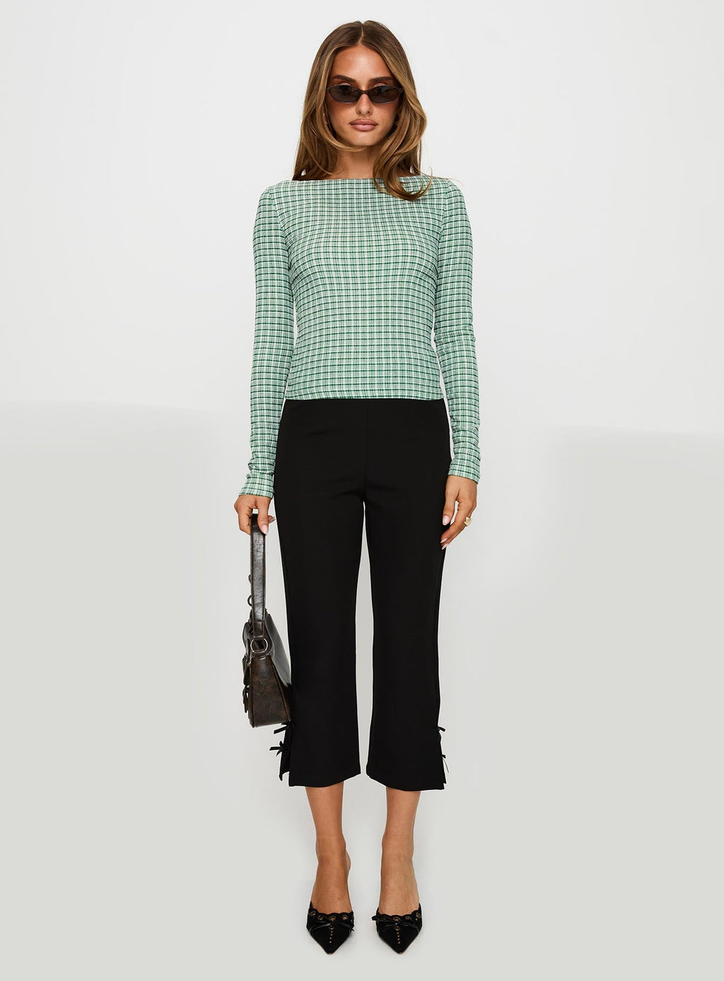 Every Second Boat Neck Long Sleeve Top Green Check