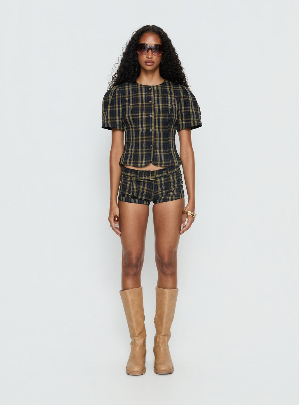 Femme Blouse Top Navy / Lemon Plaid