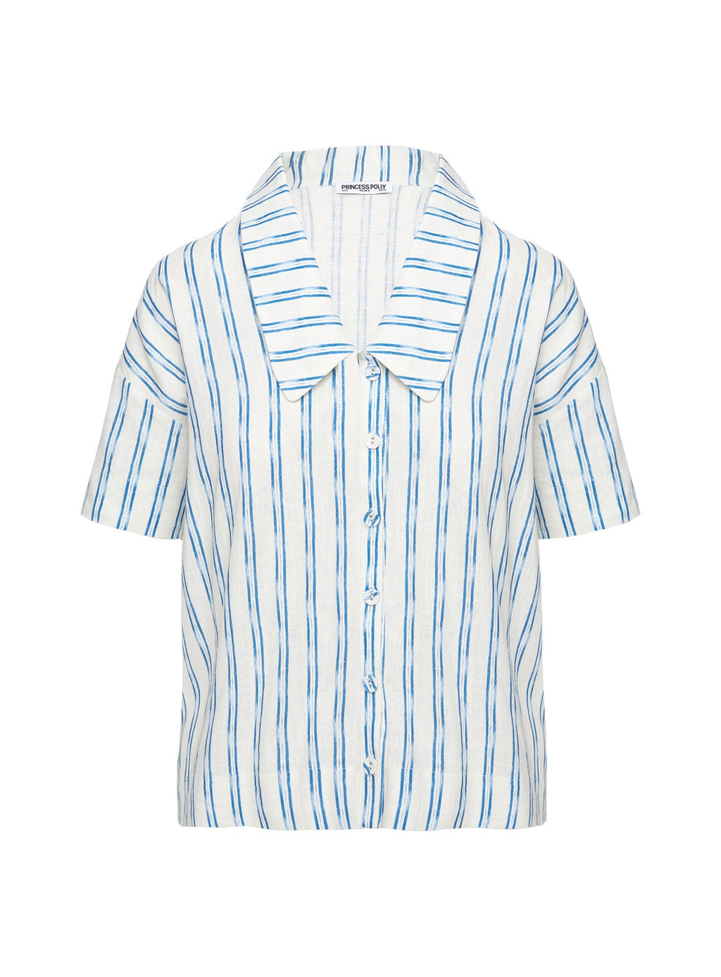Goody Linen Button Front Top Blue Stripe